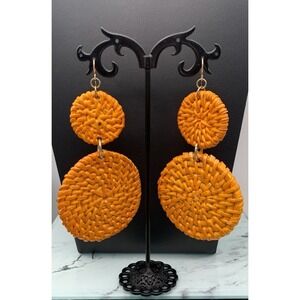 Beautiful Orange Large Double Circle Rattan Dangle Pierced Earrings Boho